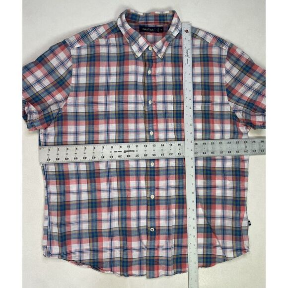 NAUTICA Plaid Linen Blend Button Up Shirt Men XL Multicolor Short Sleeve - Picture 6 of 6